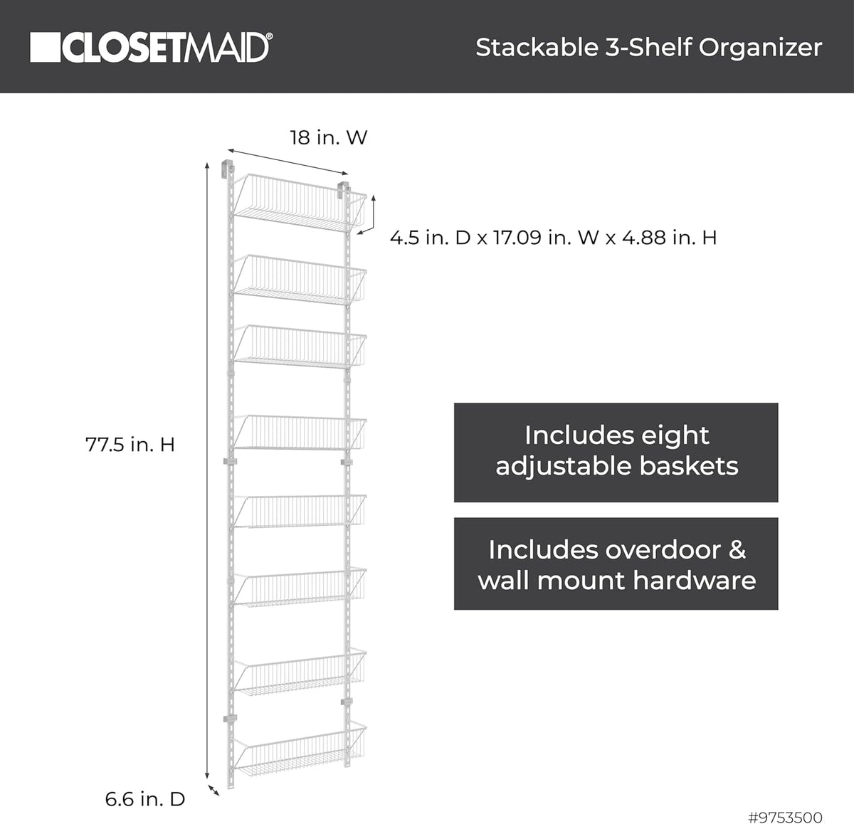 ClosetMaid 97535 Wall or Door Adjustable (8) Basket Organizer, 6.614-Inch D x 77.165-Inch H x 17.992-Inch W, White