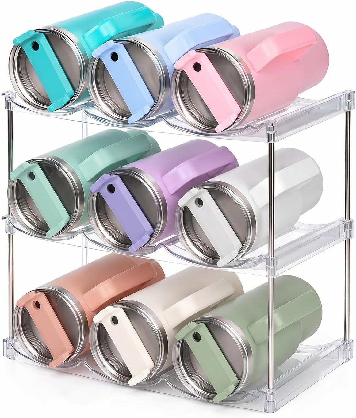 Stackable Water Bottle Organizer for Stanley 40 oz Tumbler, Large Compartment Water Bottle Holder for Cabinet, Clear Tumbler Organizer for Kitchen Countertop Pantry, 3 Pack