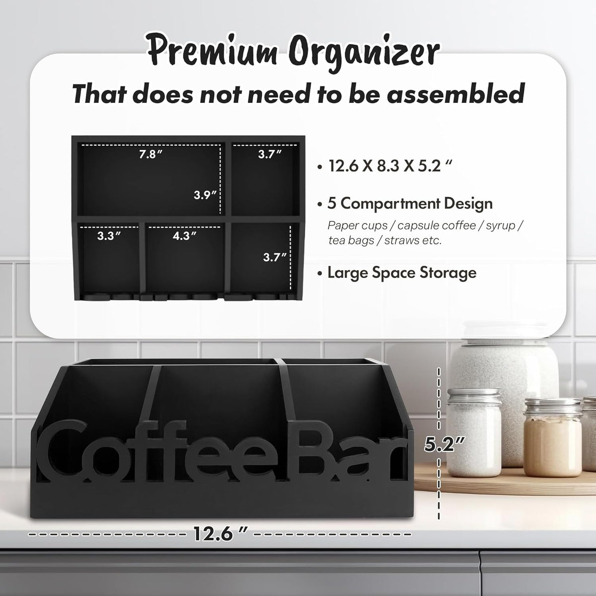 Coffee Bar Organizer for Countertop – Wooden Coffee Caddy with Compartments for Pods, Sugar Packets, and Accessories – Coffee Condiment Station Storage for Home and Office (Black)