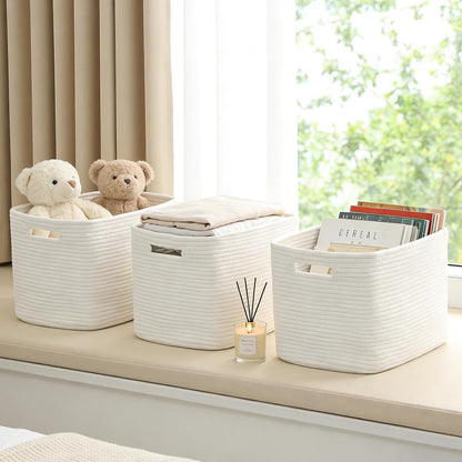 3 Pack Woven Rope Storage Baskets for Shelves,13.5"×11"×9.5" Storage Bins with Handles,Empty Gift Baskets,Nursery Organizer for Toys,Towels,Books,Closet,Living Room,Bedroom (White & Brown)