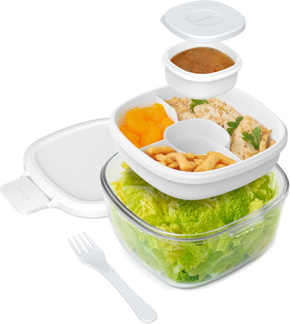 Bentgo Glass Prints Salad Container - 7.6-Cup Tinted Glass Salad Bowl with Airtight Lid, Leak-Proof Sauce Container, 4-Compartment Bento Meal Prep Tray & Reusable Fork (Floral Maximalist - Sea)