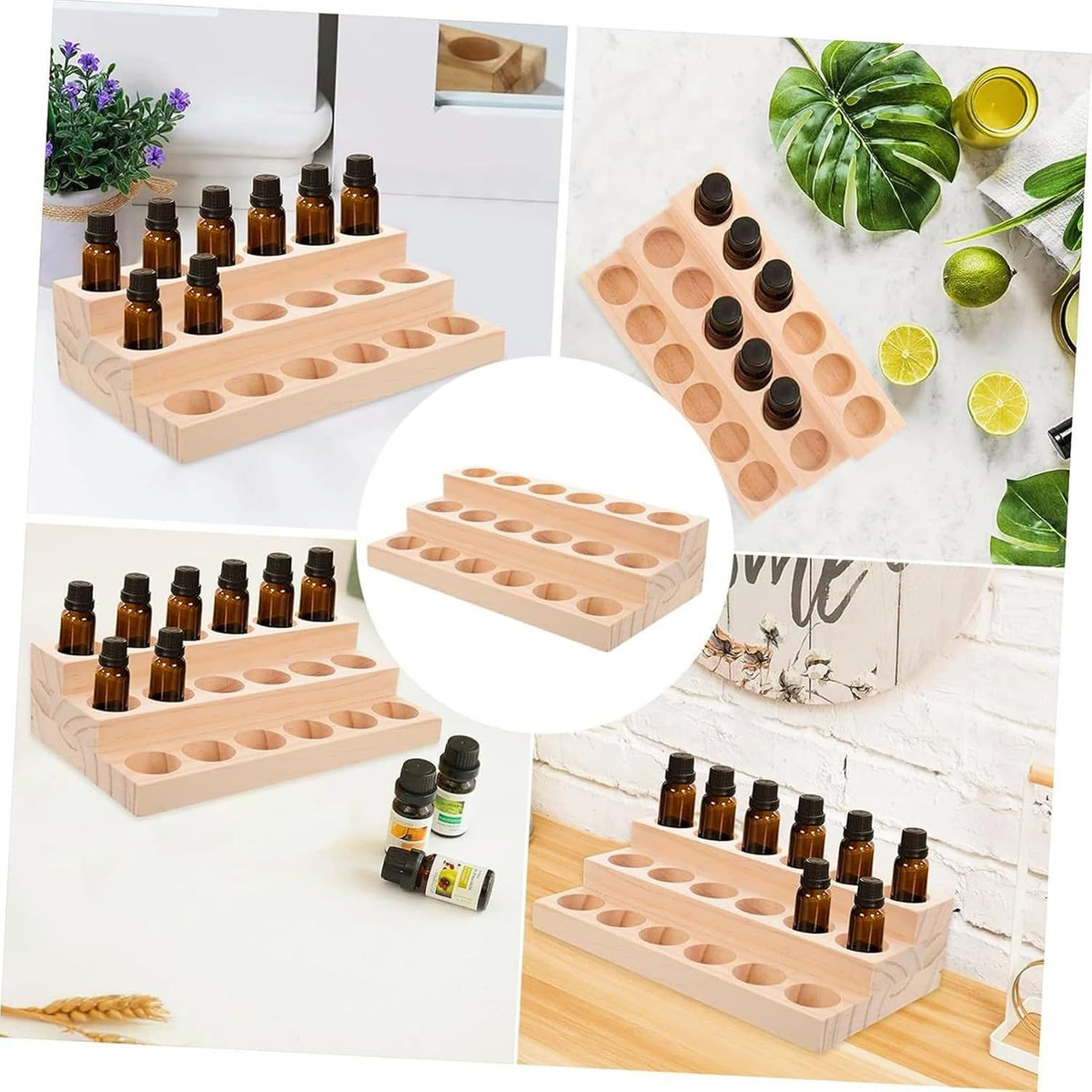 Essential Oil Display Stand 4 Tier Essential Oil Holder Solid Wood Essential Oil Rack for 24 Bottles Tabletop Display Holder Bottle Organizer for 5-20ml Bottles Display for Essential Oils