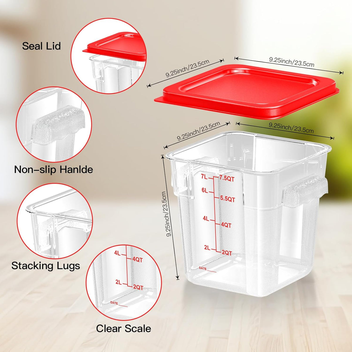 4 pcs 4qt Food Storage Containers with Lid, Square Clear Commercial Food Storage Containers with Handle and Scale for Food Storage in Home Kitchen & Dining (Green)