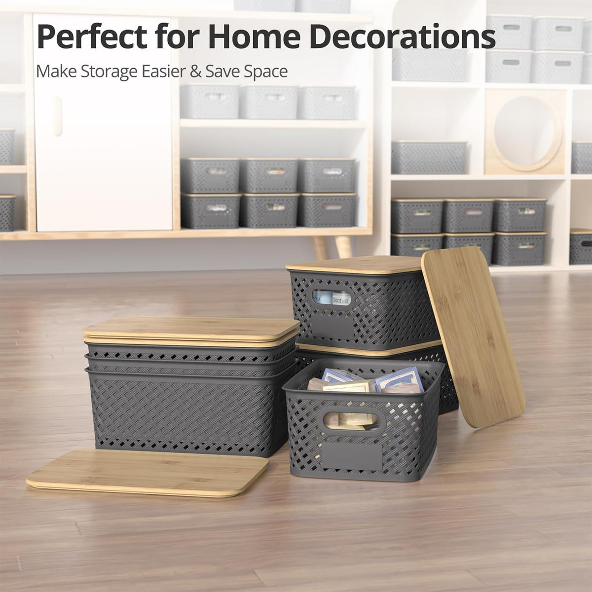 Plastic Storage Bins with Bamboo Lids, Stackable Small Box Baskets for Organizing and Containers for Shelves Drawers Desktop Closet Pantry Classroom Office Home, 6 Pack 10.2x7.2x4.1 Inch, Black