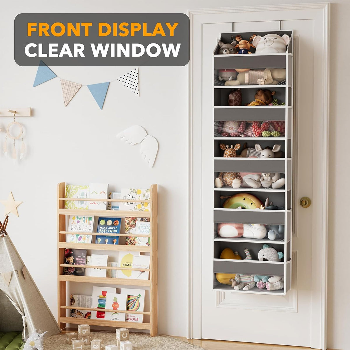 SpaceAid Over The Door Organizer with 5 Large Pockets and 10 Mesh Side Pockets, 5 Layers Door Organizer Hanging with Clear Window for Bedroom, Bathroom, Pantry and Nursery, Gray