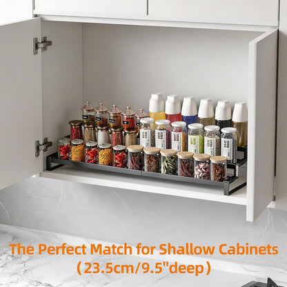 3 Tier Expandable Spice Rack Organizer, Heavy-Duty Black Metal Seasoning Organization Shelf for Cabinet, Kitchen & Pantry, Tiered Spice Shelf With Safety Lock, For Jars & Bottles, Countertop Storage