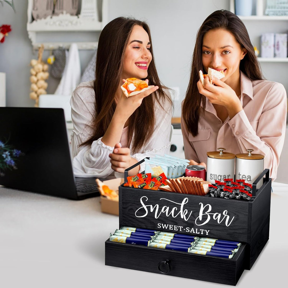 MINCORD Snack Organizer for Countertop, Wood Snack Basket Snack Tray with Handles, 5 Compartment Pantry Storage Bins with Drawer, Food Container Snack Box for Snacks, Chips, Packets