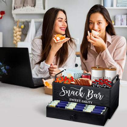 MINCORD Snack Organizer for Countertop, Wood Snack Basket Snack Tray with Handles, 5 Compartment Pantry Storage Bins with Drawer, Food Container Snack Box for Snacks, Chips, Packets