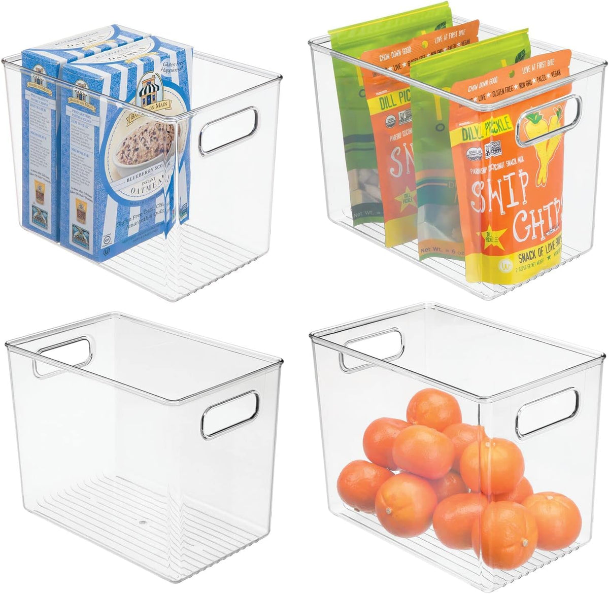 mDesign Plastic Deep Kitchen and Pantry Organizer Storage Bin with Handles for Cabinet, Fridge, Freezer - Food Storage Containers for Snacks, Yogurt Pouches or Fruit, Ligne Collection, 4 Pack, Clear