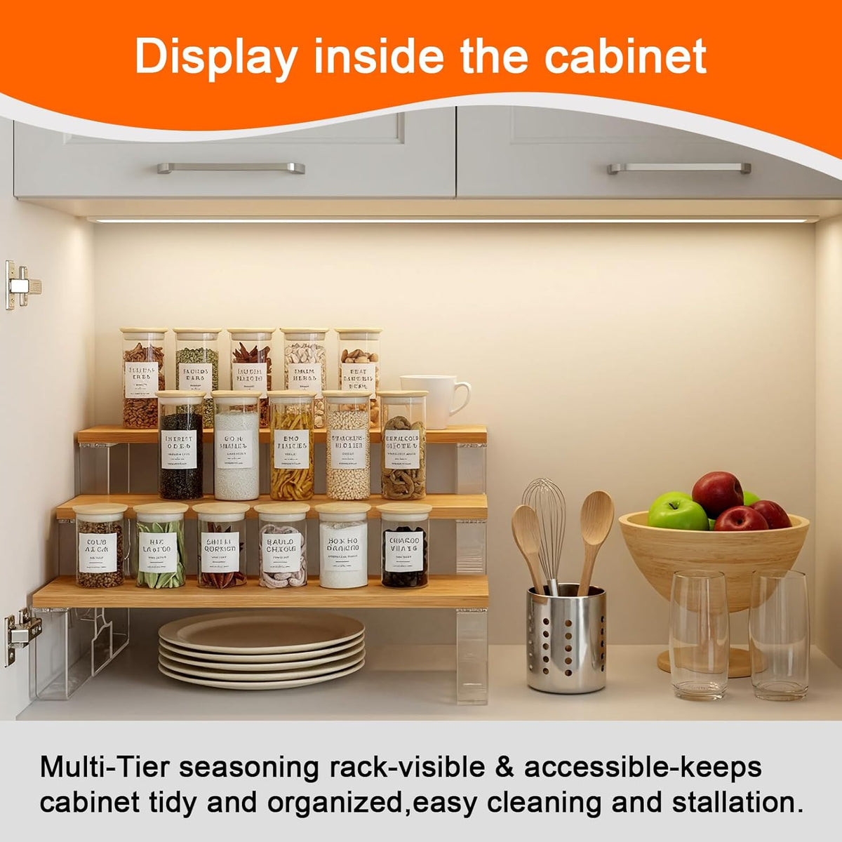 junyuan Spice Rack Organizer for Cabinet,3 Tier Spice Organization for Kitchen,Bathroom Organizers and Storage,Seasoning Countertop Shelf,Bamboo Display Shelves Racks,Clear 11.2"