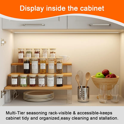 junyuan Spice Rack Organizer for Cabinet,3 Tier Spice Organization for Kitchen,Bathroom Organizers and Storage,Seasoning Countertop Shelf,Bamboo Display Shelves Racks,Clear 11.2"