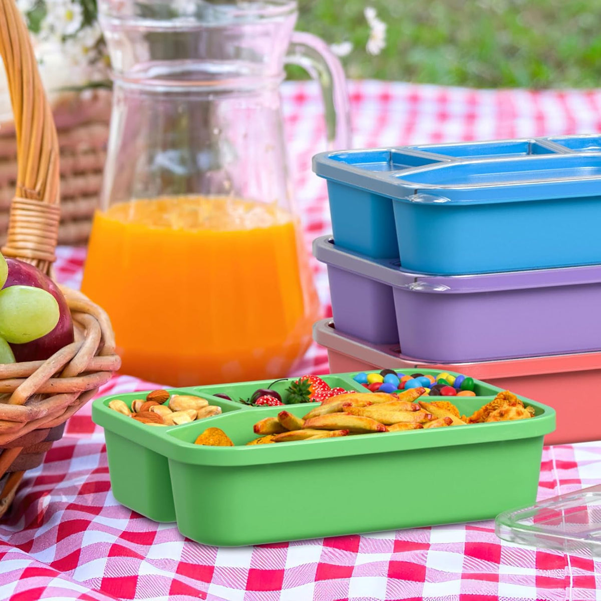 Bento Box Adult Lunch Box (4 Pack), 4-Compartment Meal Prep Container for Kids, Reusable Food Storage Containers with Transparent Lids, No BPA, Microwaveable (Wheat (Green/Blue/Pink/Beige))
