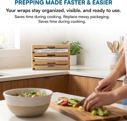 Honey Can Do 3-In-1 Bamboo Food Wrap Organizer With Safety Cutter | Plastic, Wax, Paper and Foil Holder KCH-09858 Natural