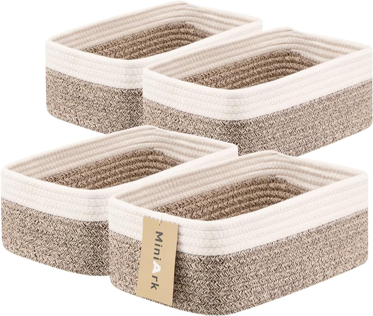 MiniArk Small Storage Baskets for Organizing | Closet Organizer Bins | Shelf Toy Basket | Woven Rope Baskets | Cube Decorative Box | Shallow Basket | L11.5xW7.5xH4.7| Brown