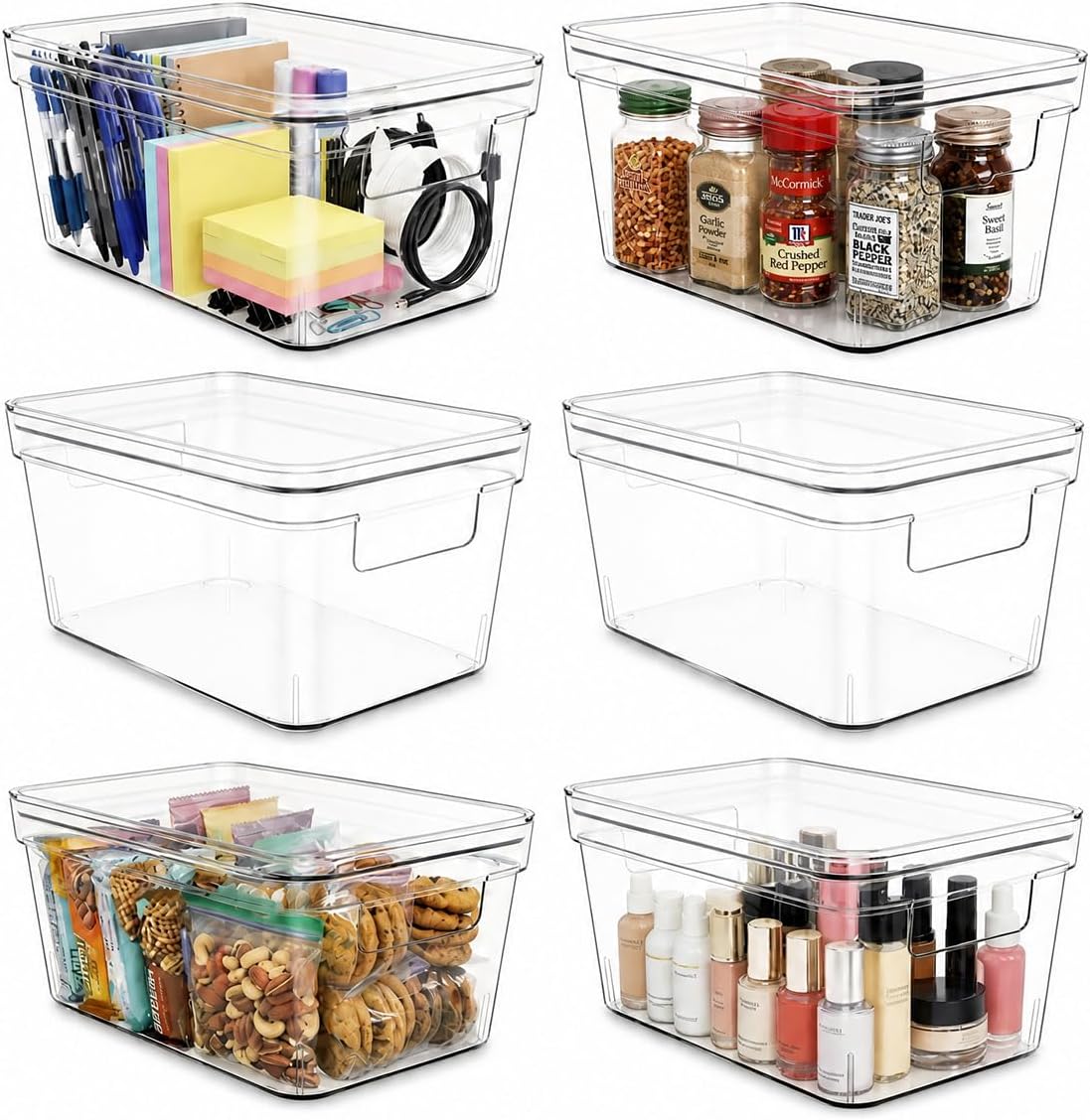 MOONEDGE Small Clear Plastic Storage Bins with Lids and Handles,Stackable Small Item Organizer Containers for Vanity,Craft,Office,Fridge,Kitchen,Pantry,Bathroom,Closet – (10×6×5 in)