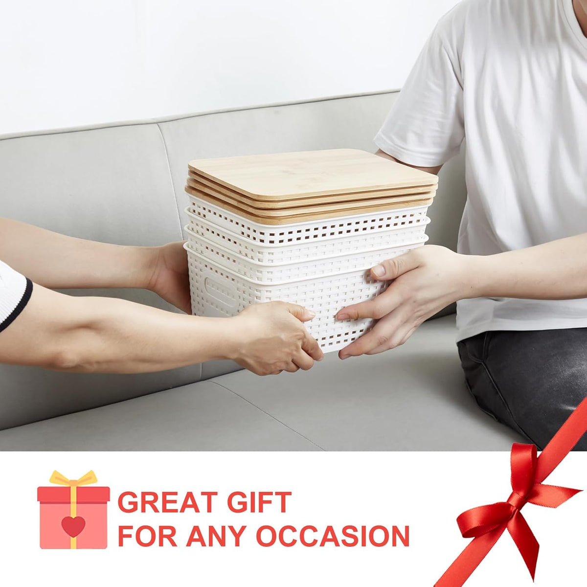 Bagnizer Small Plastic Storage Bins with Bamboo Lids 5.2qt Stackable Box Basket Pantry Decorative Containers Cute with Labels for Organizing Desktop Closet Office Cream White of 10*7.2*4.1"