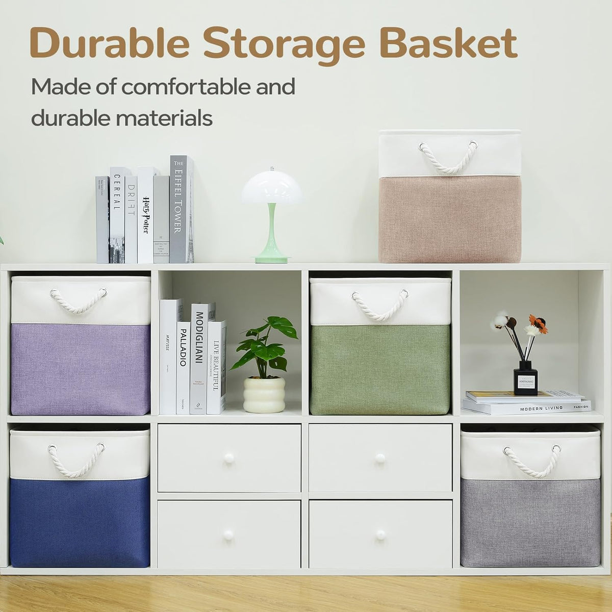 Large Storage Baskets- 15.7x11.8x8.26 inch Storage Bins for Shelves and Closet Organizing, Foldable Fabric Bin for Home Organization Clothes and Laundry (3-Pack, White&Khaki)