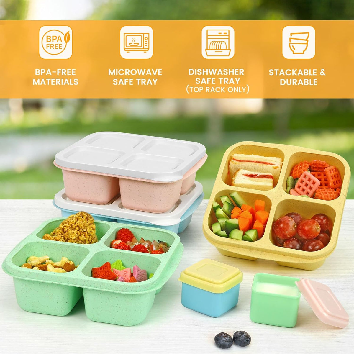 Caperci Lunchable Snack Containers - 4 Pack Bento Snack Boxes with 4-Compartment, 2 Leakproof Dip Cups, Reusable Divided Food Containers for School, Work, Travel (Jewel Brights)