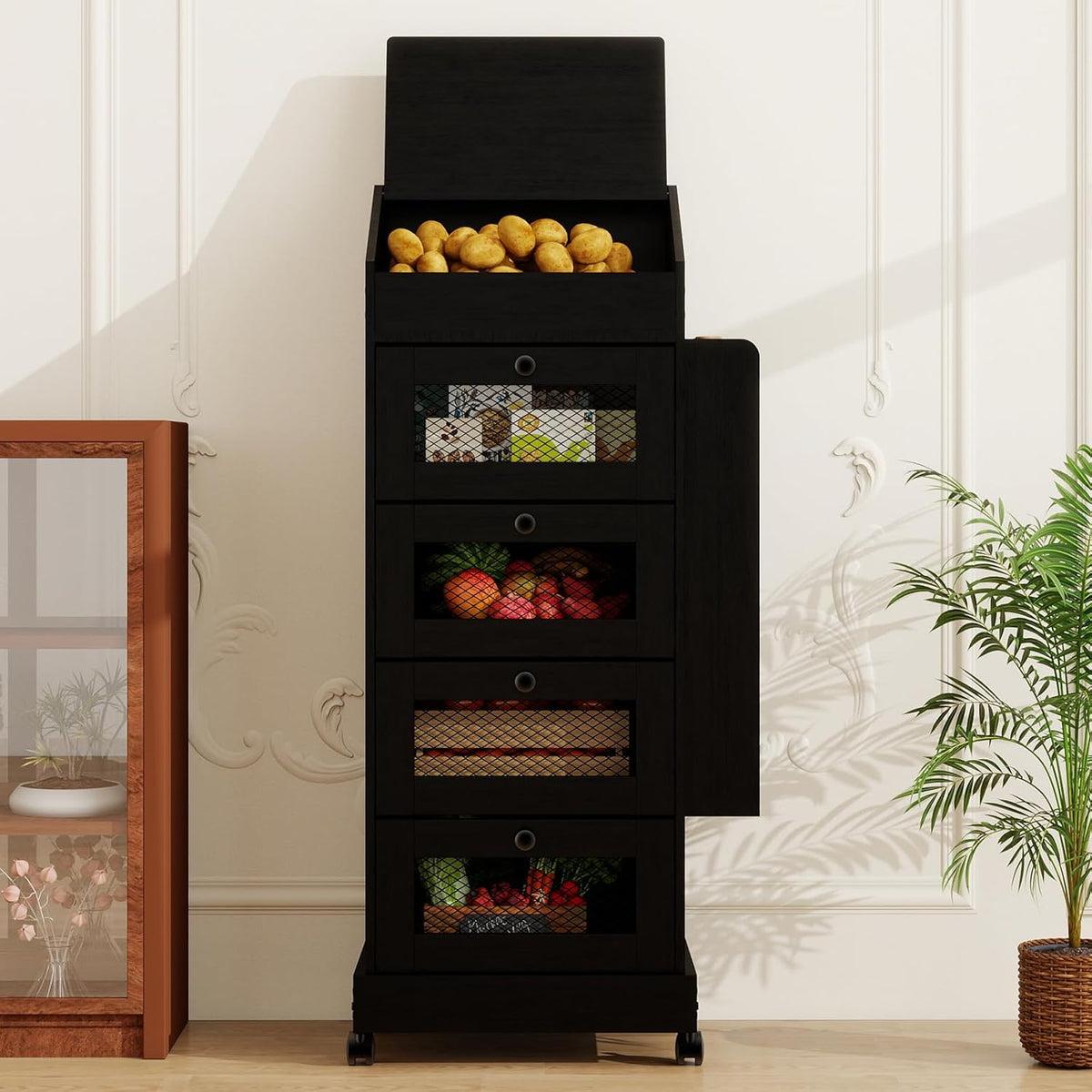 ARTETHYS Potato and Onion Storage Bin for Pantry 5-Tier Rolling Fruit and Vegetable Organizer with Spice Rack on Wheels Movable Large Bread Box Cabinet with 4 Ventilated Drawers for Kitchen, Rustic