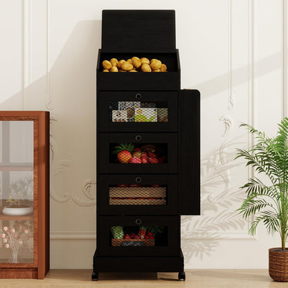 ARTETHYS Potato and Onion Storage Bin for Pantry 5-Tier Rolling Fruit and Vegetable Organizer with Spice Rack on Wheels Movable Large Bread Box Cabinet with 4 Ventilated Drawers for Kitchen, Rustic