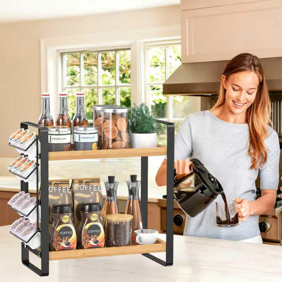 LEMIKKLE 2-Tier Coffee Bar Organizer With Basket,Wooden Counter Shelf for Coffee Bar Accessories,Kitchen Spice Rack Organizer for Countertop-Brown