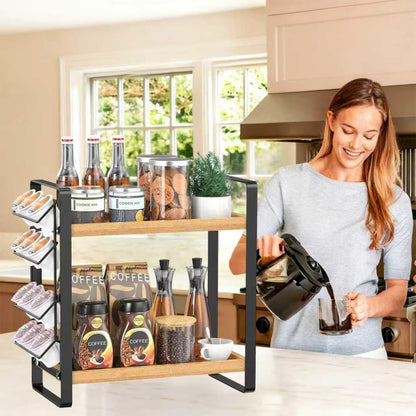 LEMIKKLE 2-Tier Coffee Bar Organizer With Basket,Wooden Counter Shelf for Coffee Bar Accessories,Kitchen Spice Rack Organizer for Countertop-Brown