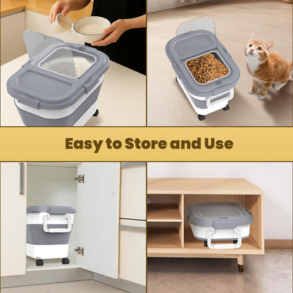 HOYTAMDA 25-35Lbs Rice Container,Collapsible Airtight Food Storage Containers with Wheels,Handle,Rice Storage Container with Small Bin and Scoop,Rice Dispenser for Flour Sugar Cereal Grain Dog Cat