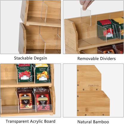 TIOPGHAD 3 Layer Stackable Bamboo Tea Bag Organizer Storage Holder for Tea Bags Wood Tea Box Containers Tea Rack Teabag Station Stand for Cabinet Countertop Office(Patented Design)