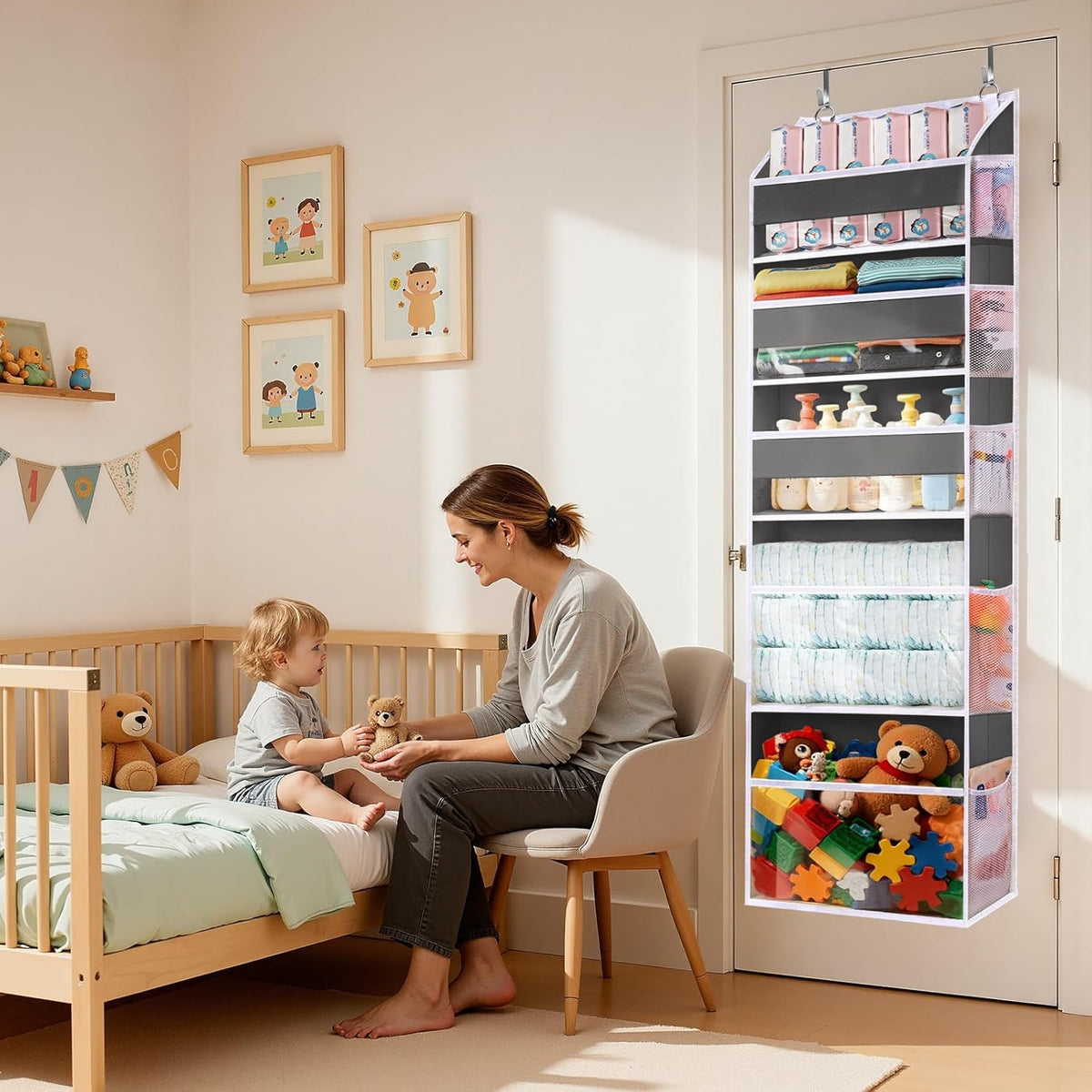 5 Tiers Over the Door Organizer with 10 Mesh Side Pockets, 44 lbs Weight Capacity Closet Hanging Storage Organizer with Large Clear Window Kids Toys, Shoes, Diapers, Beige