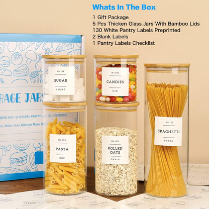 HHMJSM Large Glass Storage Jars With Airtight Bamboo Lid - 100 Fl Oz Thicken Kitchen Glass Food Storage Canister With 42 Pantry Labels - Big Clear Flour And Sugar Containers Farmhouse