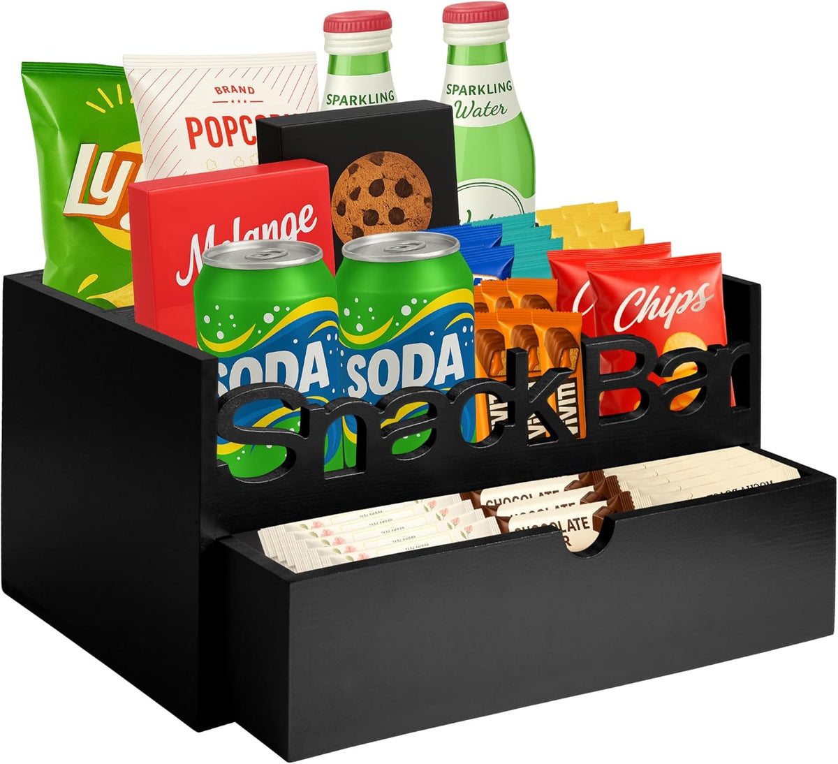 Snack Bar Organizer – Black 5 Compartment Station, Countertop Pantry Organizer for Kitchen, Office Food Holder, Candy Storage Bin, Display Stand, Cabinet Tray & Shelf