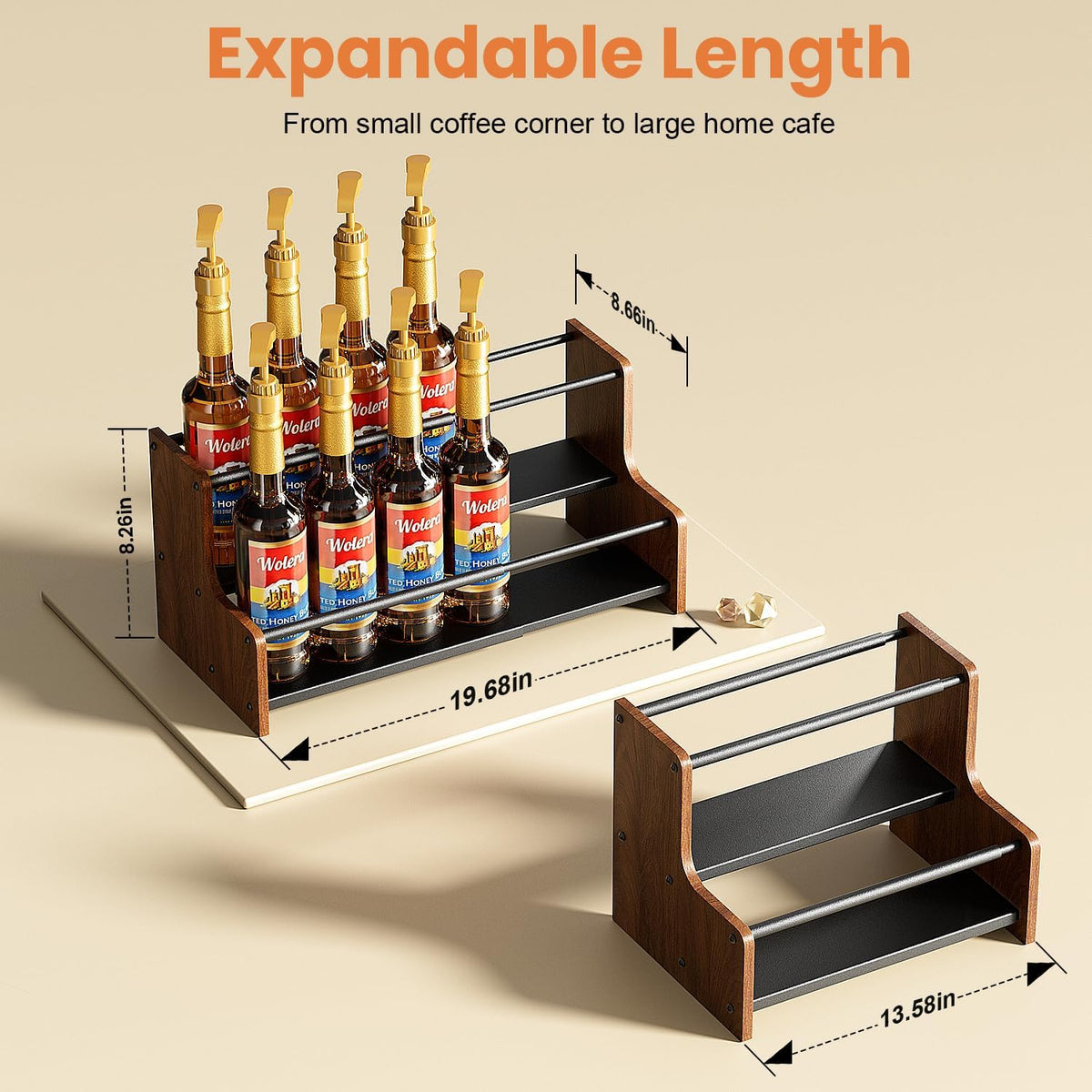 2-Tier Expandable Coffee Syrup Organizer – Countertop Rack Holds 8 to 12 Syrup Bottles, Display Shelf, Customizable Length Coffee Bar Shelf for Liquor, Spice Jars & Wine, Heavy Duty Coffee Bar Storage