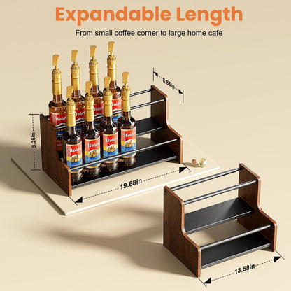 2-Tier Expandable Coffee Syrup Organizer – Countertop Rack Holds 8 to 12 Syrup Bottles, Display Shelf, Customizable Length Coffee Bar Shelf for Liquor, Spice Jars & Wine, Heavy Duty Coffee Bar Storage