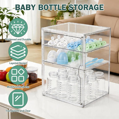 Baby Bottle Organizer, 3-Tier Bottle Storage for Countertop with Double Magnetic Doors, Clear Plastic Bottle Station Organizer Mom Gifts with 2 Dividers for Kitchen, Bathroom, Cabinet, Vanity