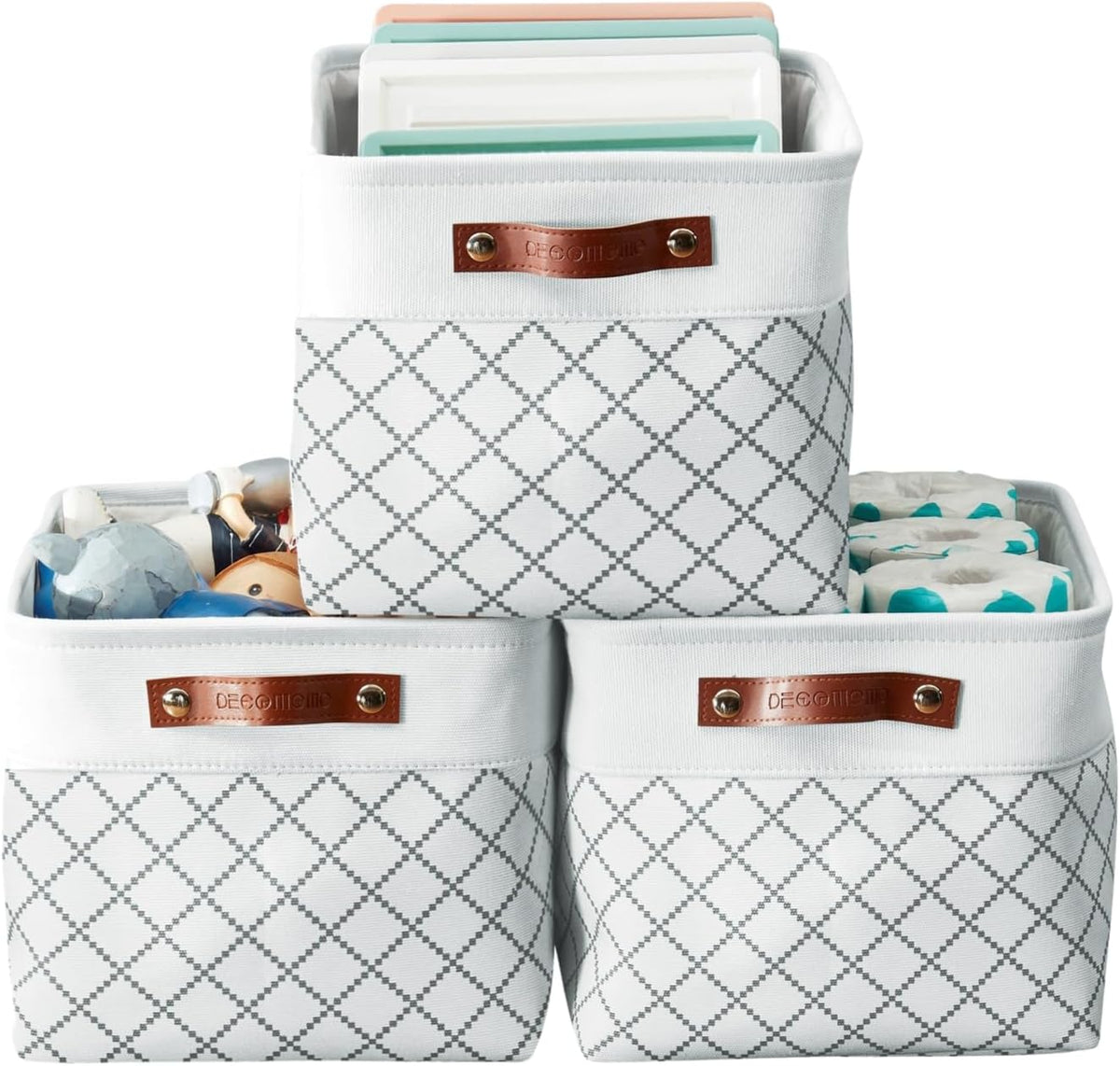 DECOMOMO Storage Bins, Large Fabric Storage Baskets for Shelves, Decorative Linen Closet Organizer, 15 x 11 x 9.5 inches (Beige & White, 3 Pack)