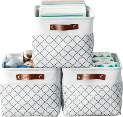 DECOMOMO Storage Bins, Large Fabric Storage Baskets for Shelves, Decorative Linen Closet Organizer, 15 x 11 x 9.5 inches (Beige & White, 3 Pack)