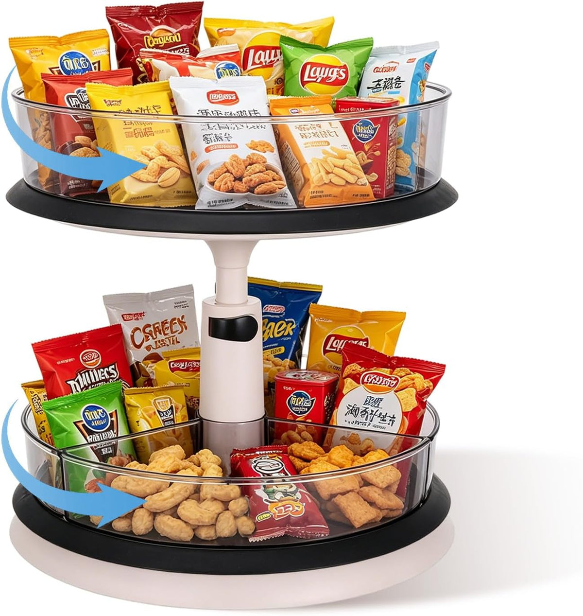 2 Tier Snack Organizer Turntable, Adjustable Height Gray Snack Rack, Removable Dividers Snack Storage Cabinet with Convenient Grab-and-Go Design for Kitchen & Living Room