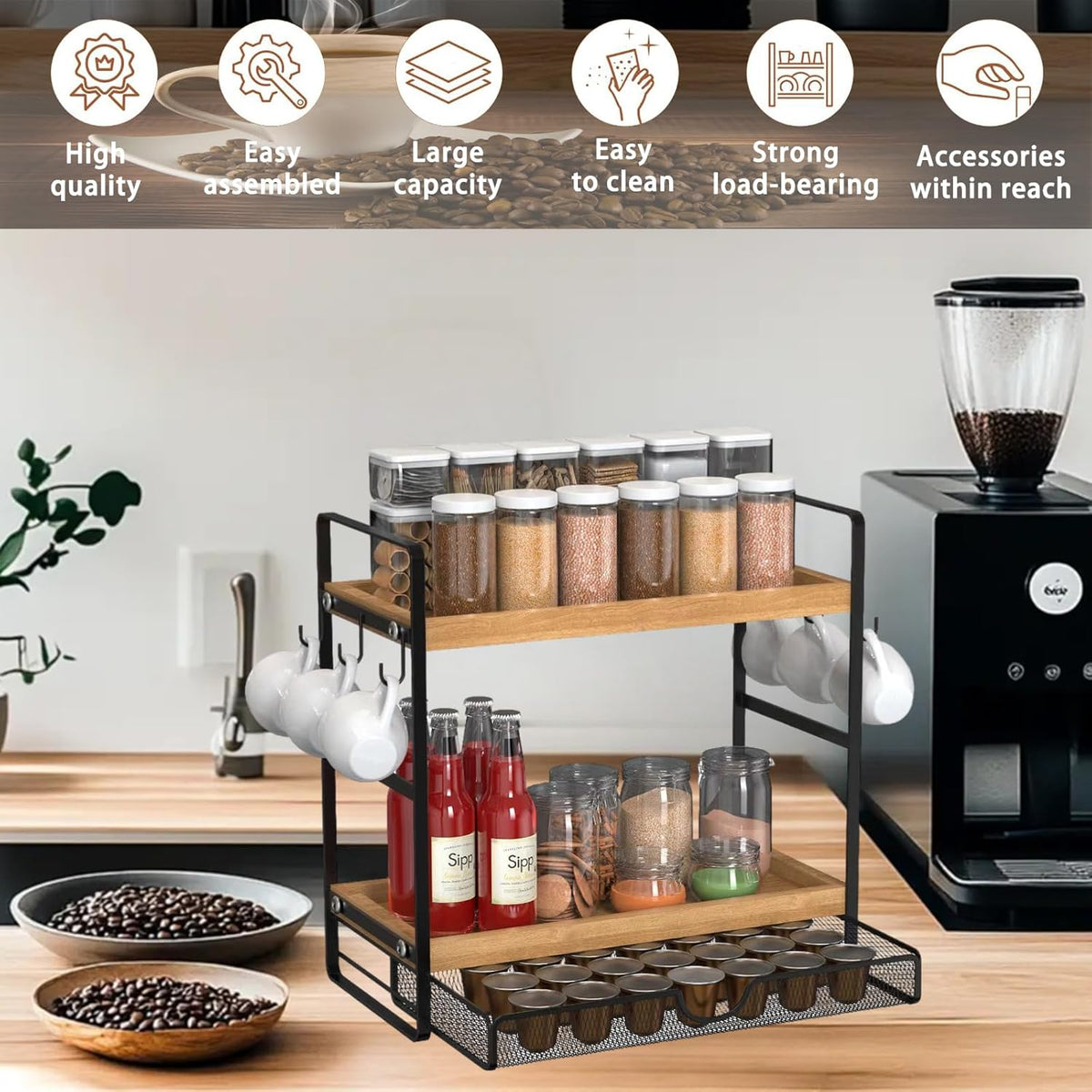 LEMIKKLE 2-Tier Coffee Bar Organizer With Basket,Wooden Counter Shelf for Coffee Bar Accessories,Kitchen Spice Rack Organizer for Countertop-Brown