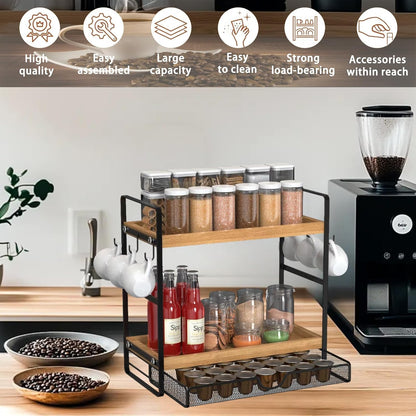 LEMIKKLE 2-Tier Coffee Bar Organizer With Basket,Wooden Counter Shelf for Coffee Bar Accessories,Kitchen Spice Rack Organizer for Countertop-Brown