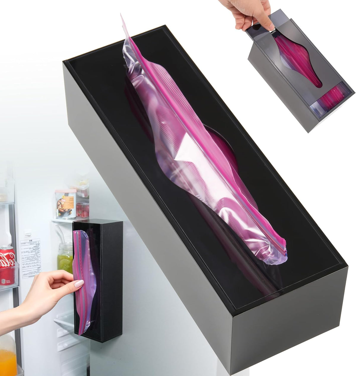LUVCOSY Acrylic Food Bag Storage Organizer Magnetic Fridge Attachment Compatible with Ziploc Sandwich/Snack/Grip'n Seal Quart, Dispenser for Ziploc Bags, Kitchen Organization and Storage, 1 Pack