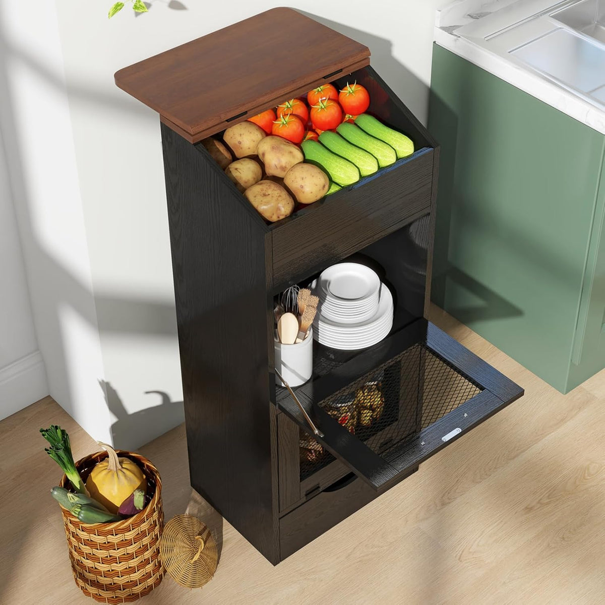 Patiorama Wood Potato and Onion Storage Bin Box with Lid, 4-Tier Farmhouse Wooden Bread Box Cabinet with 2 Mesh Doors & Rolling Drawer, Large Vegetable Storage Bin Organizer for Kitchen Pantry White