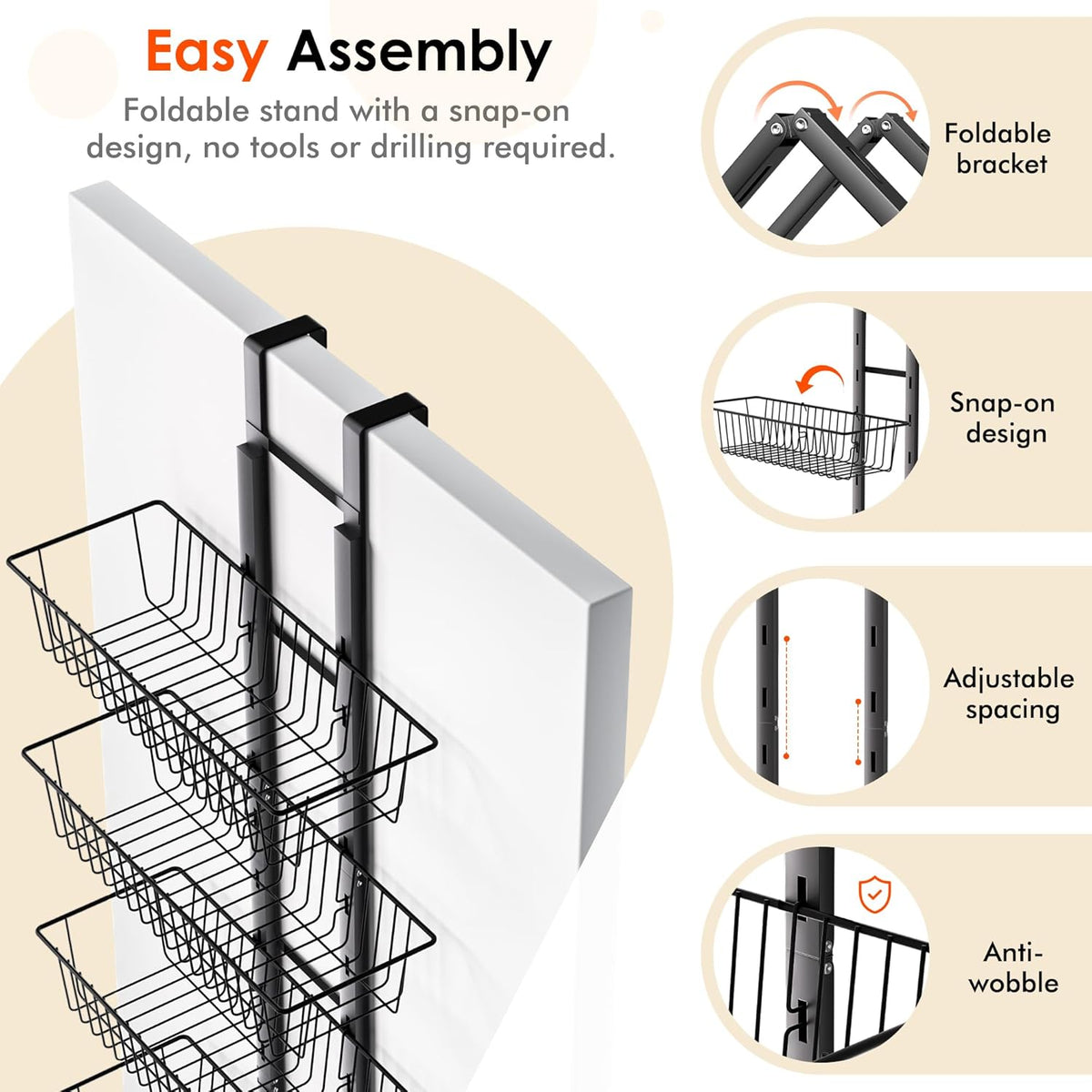 LUXEAR Over the Door Pantry Organizer, 8-Tier Adjustable Over the Door Hanging Spice Rack, No-Assembly Foldable Metal Over the Door Organizer for Kitchen, Home, Laundry Room, Bathroom