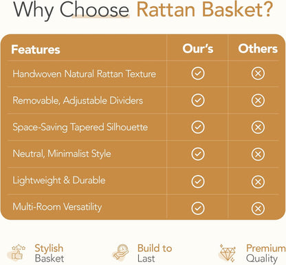 Nature-Inspired Rattan Pantry Organizer Baskets Set of 2 with 3 Removable Dividers – Handwoven Storage Bins for Kitchen or Bathroom Organization, Ideal for Snacks, Coffee & Tea (13” x 7.3” x 3.7”)