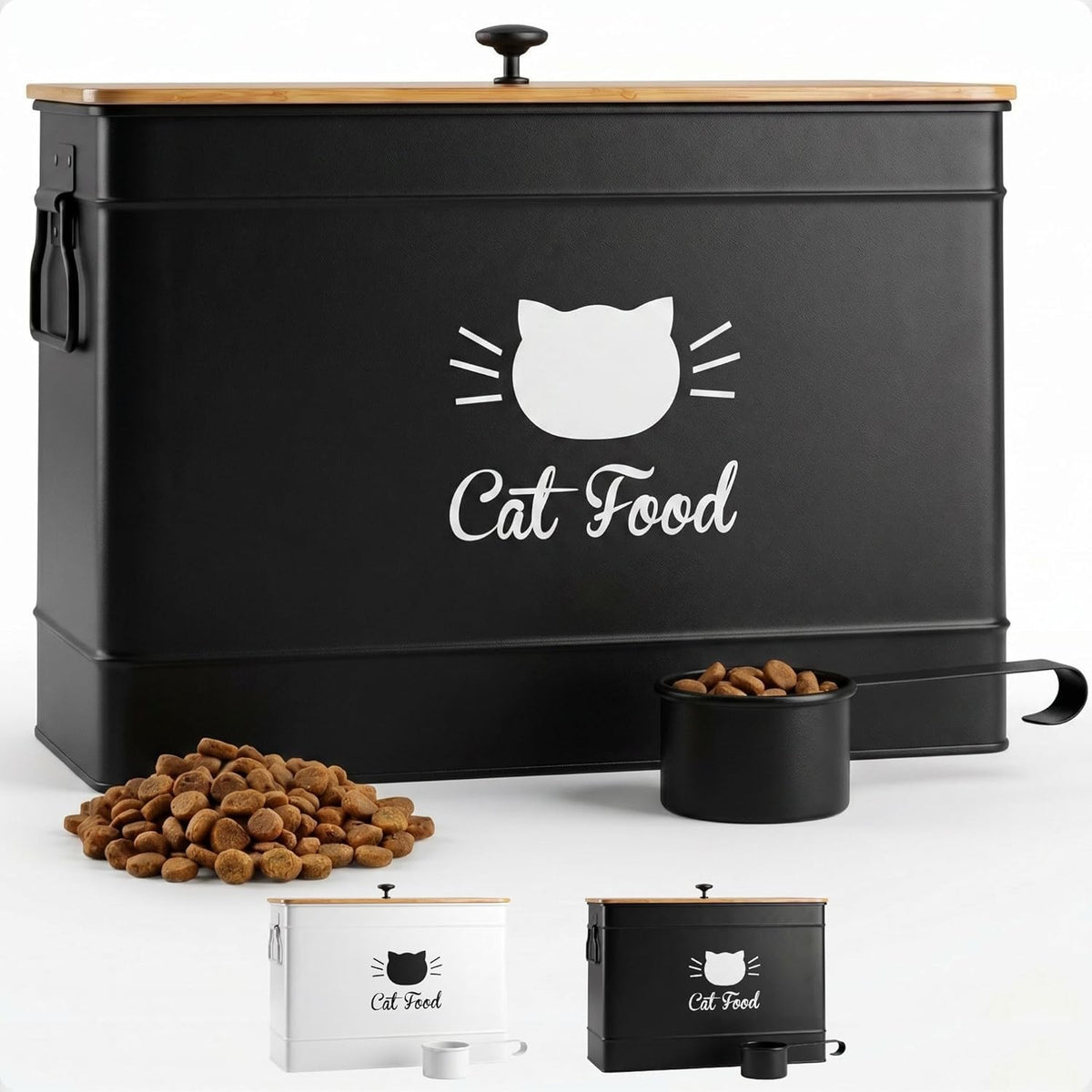 Cat Food Storage Container with Scoop - 15 lb (50 Cup) Capacity Metal Cat Food Container with Airtight Bamboo Lid & Metal Scoop - Airtight Pet Food Storage Containers - 15 lb Treats & Kibble Container