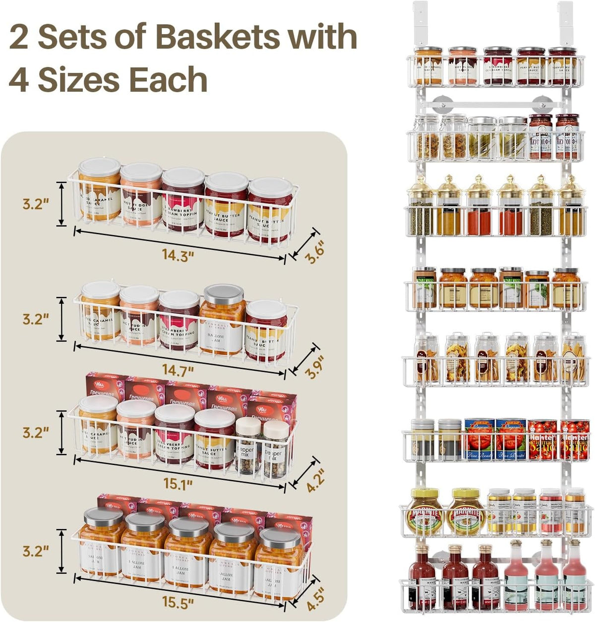 Delamu Adjustable Cabinet Door Organizer, 6-Tier Hanging Spice Rack Organizer, Metal Over the Door Pantry Organizer, Pantry Organizers and Storage Shelves for Kitchen Bathroom Laundry Room, White M