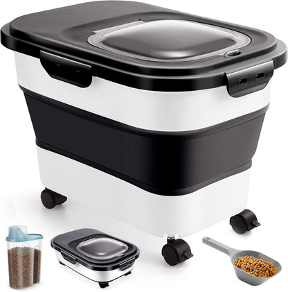 ANVS Airtight Collapsible Pet Food Container With Casters, Scoop and Small Container - Keeps Up To 20lbs Dry Dog Food Fresh (Grey)