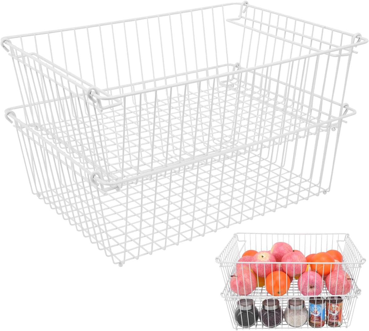 Set of 2 Stackable XXL Wire Baskets For Pantry Storage and Organization -16x12in Large Metal Food Baskets -Vegetable,Fruit,Potato,Onio, Pantry Storage Bins With Handles (Black, XXL)