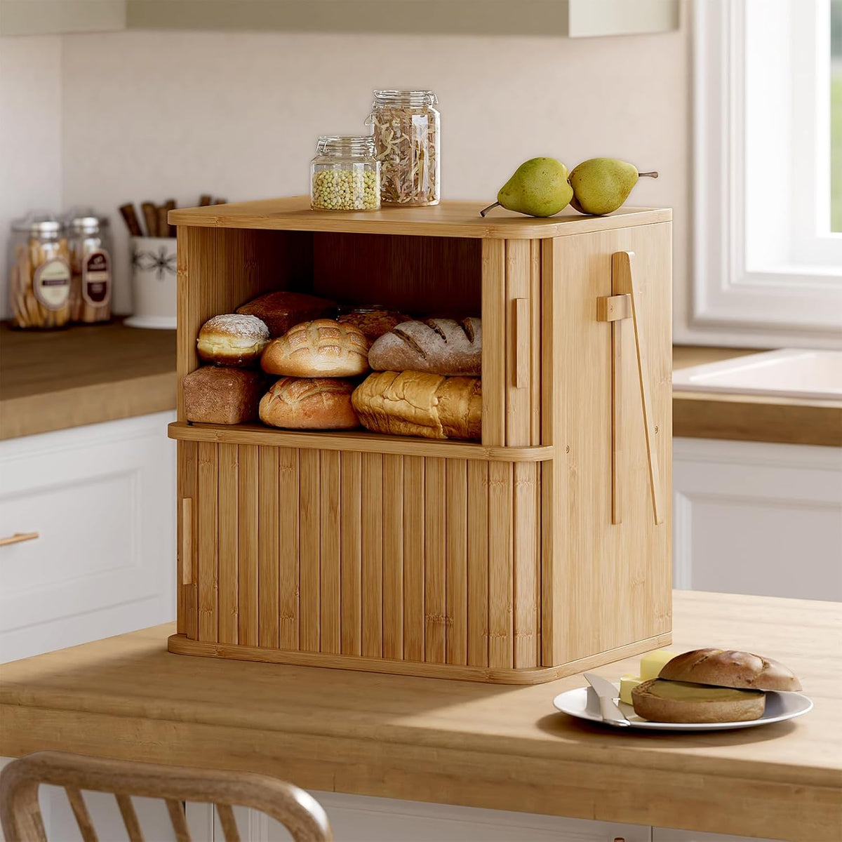 WOWLIVE Bread Box for Kitchen Countertop, Large Roll Top Bread Boxes with Sliding Door, Airtight Bread Storage Container for Loaves, Pastries & Bagels, Bamboo Counter Organizer (Natural, Medium)
