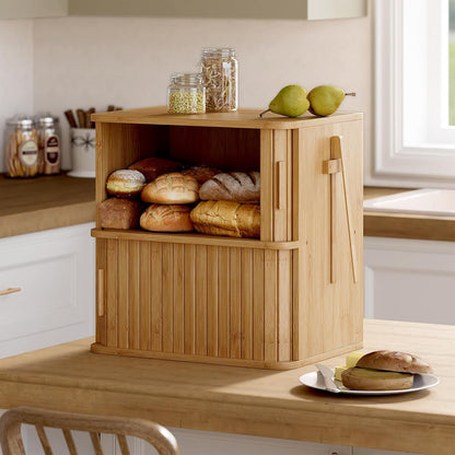 WOWLIVE Bread Box for Kitchen Countertop, Large Roll Top Bread Boxes with Sliding Door, Airtight Bread Storage Container for Loaves, Pastries & Bagels, Bamboo Counter Organizer (Natural, Medium)