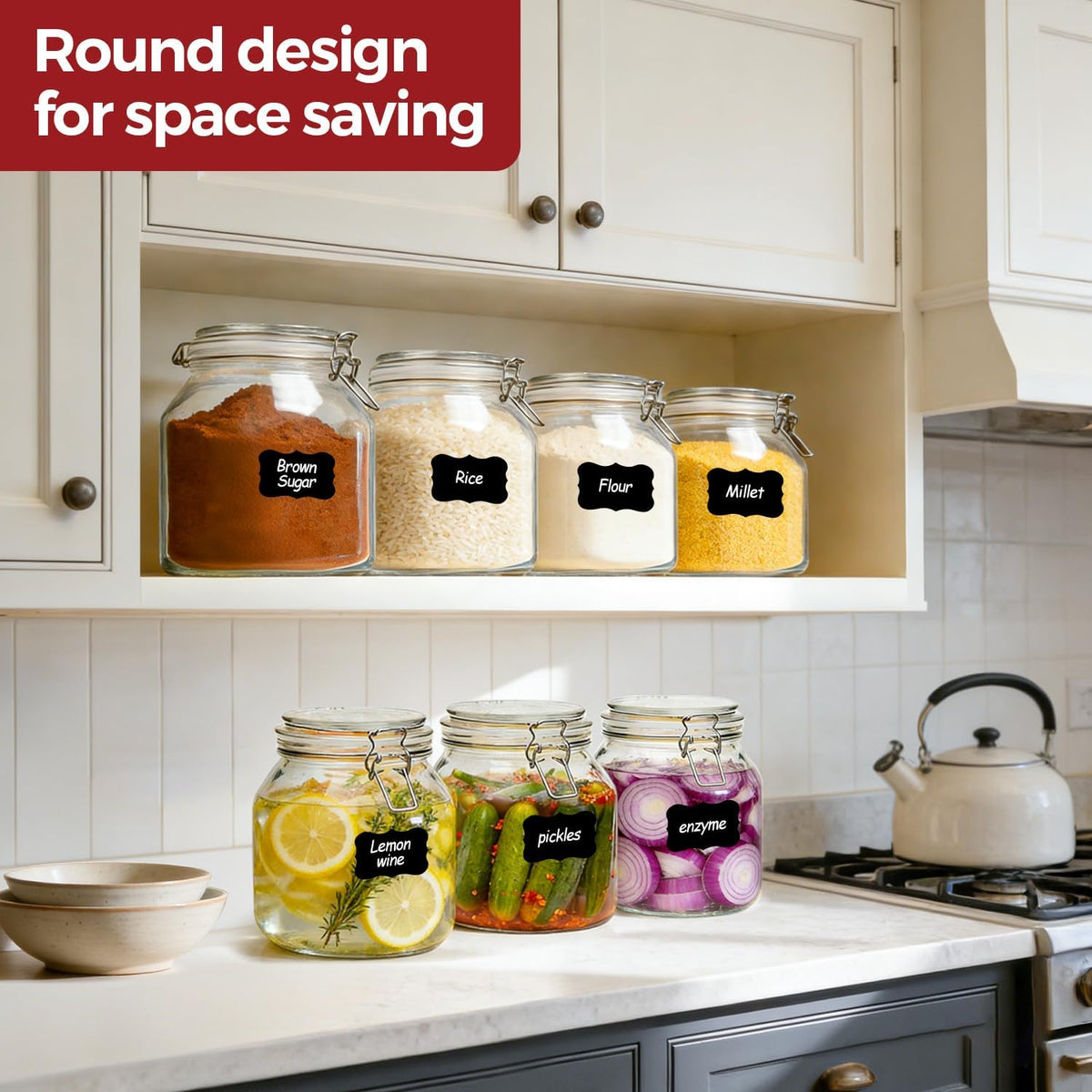34oz 6 Pack Glass Jars with Airtight Lids - Round Food Storage Canisters for Pantry Organization, Ideal for Sugar, Cookies, Candy, Coffee, Nuts & Dry Goods | Thick Glass,BPA-Free